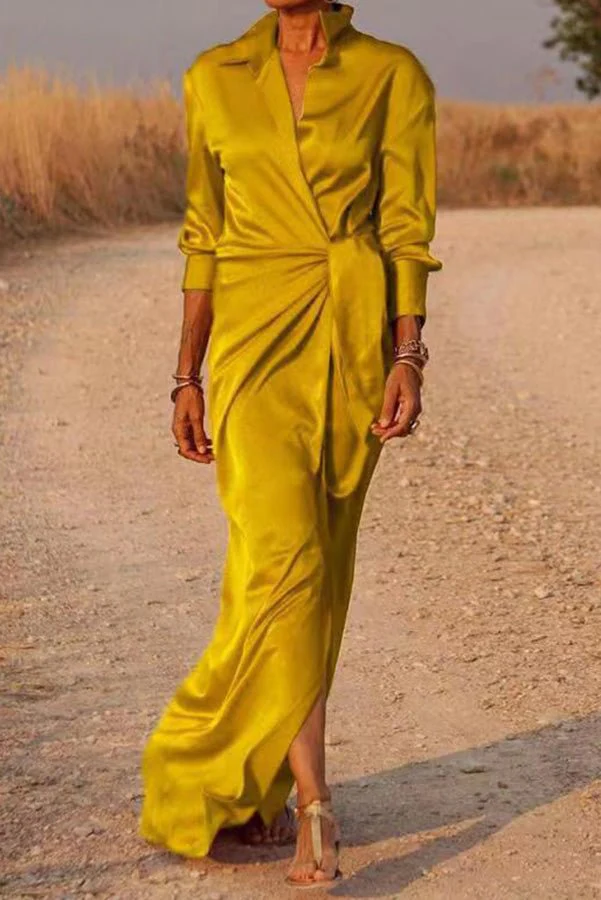 Blue Flowers Satin Wrap Shirt Maxi Dress - Image 8