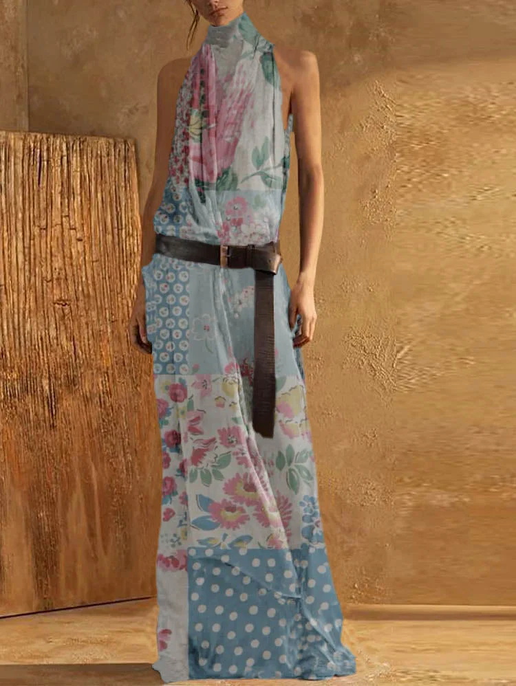 White flowers Elegant Plain High Neck Sleeveless Loose Maxi Tank Dress - Image 5