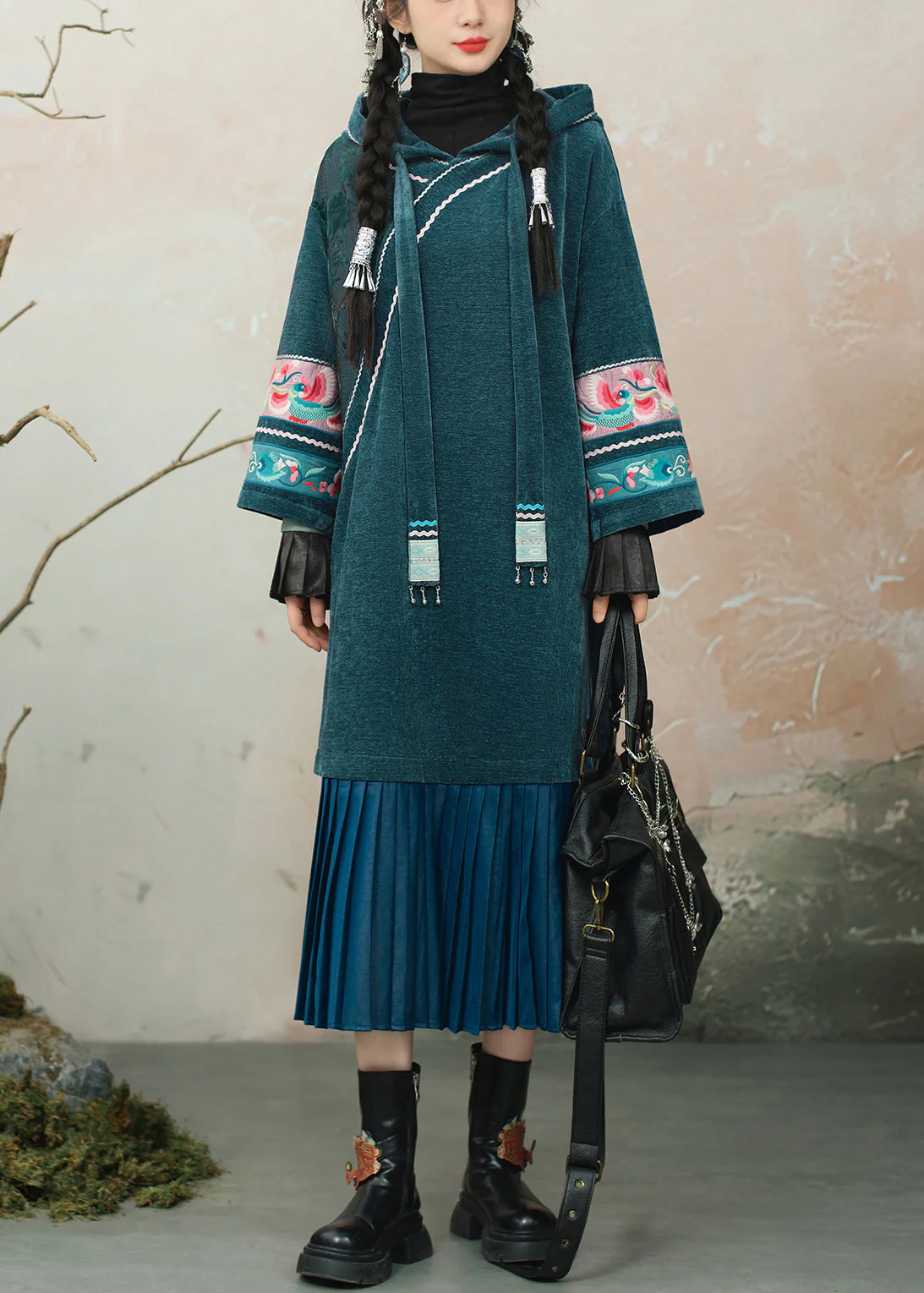 Blue Embroidered Wrinkled Patchwork Chenille Long Dress Hooded - Image 2