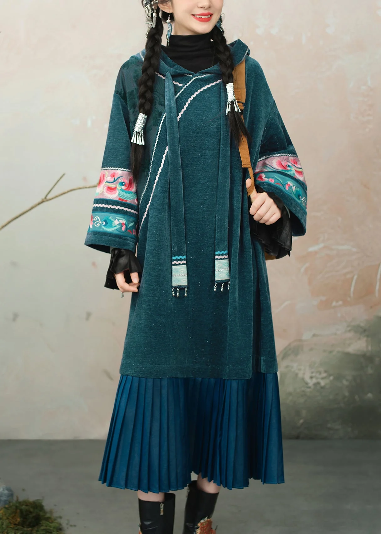 Blue Embroidered Wrinkled Patchwork Chenille Long Dress Hooded - Image 3