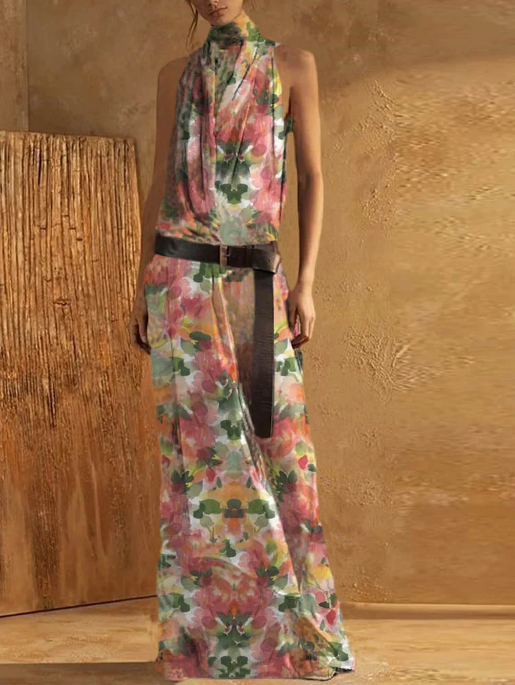 Purple polka dots Elegant Plain High Neck Sleeveless Loose Maxi Tank Dress - Image 3