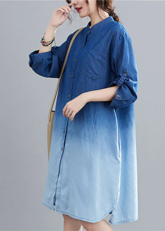 Blue Gradient Color Denim Holiday Dress Stand Collar Fall - Image 2