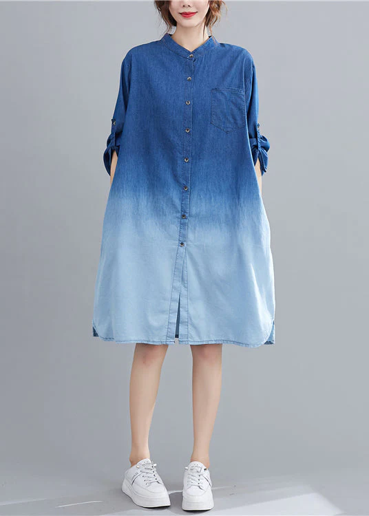 Blue Gradient Color Denim Holiday Dress Stand Collar Fall - Image 3