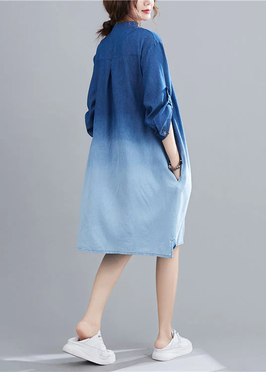 Blue Gradient Color Denim Holiday Dress Stand Collar Fall - Image 4
