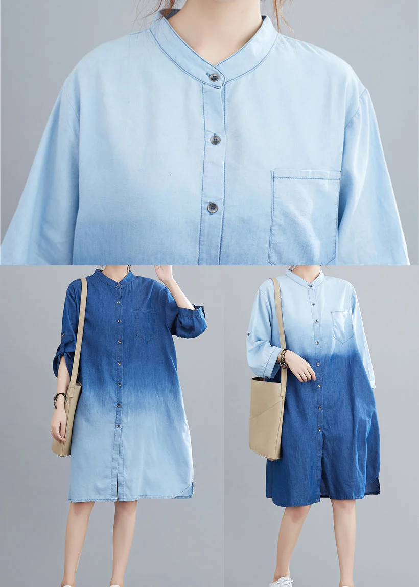 Blue Gradient Color Denim Holiday Dress Stand Collar Fall - Image 5