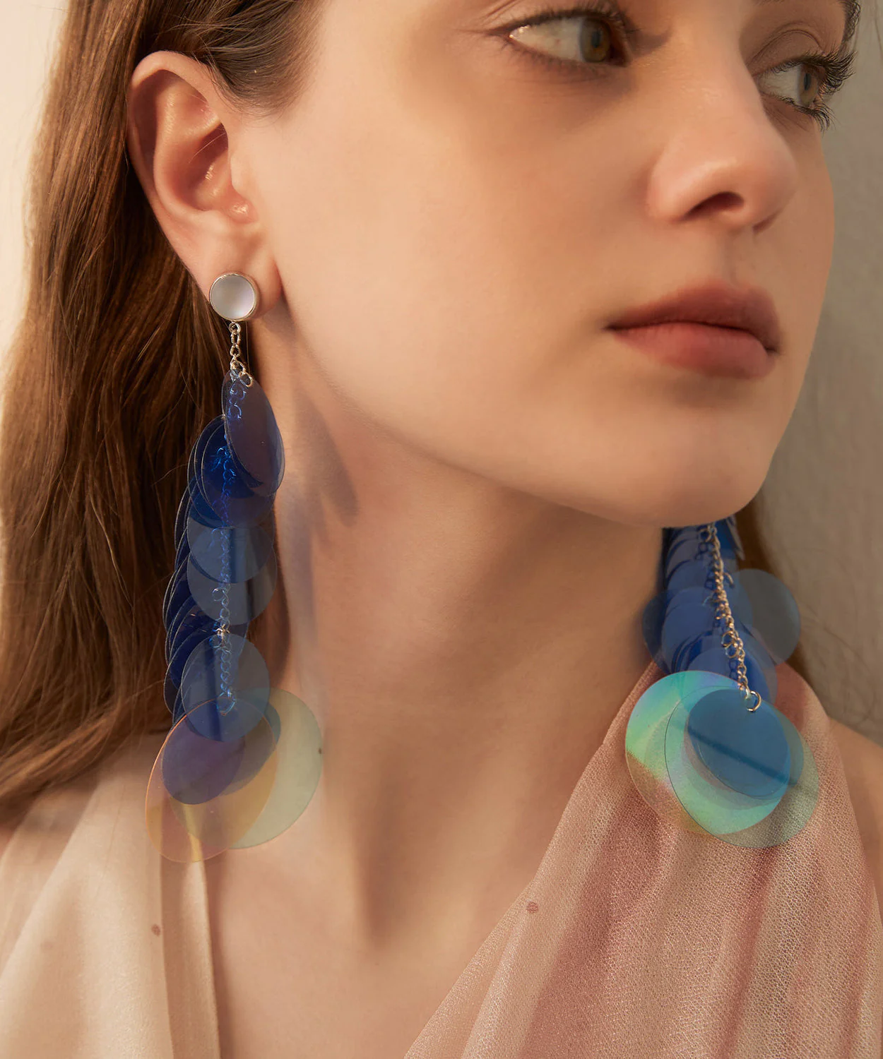 Blue Gradient Color Sequins Original Design Alloy Long Stud Earrings - Image 3