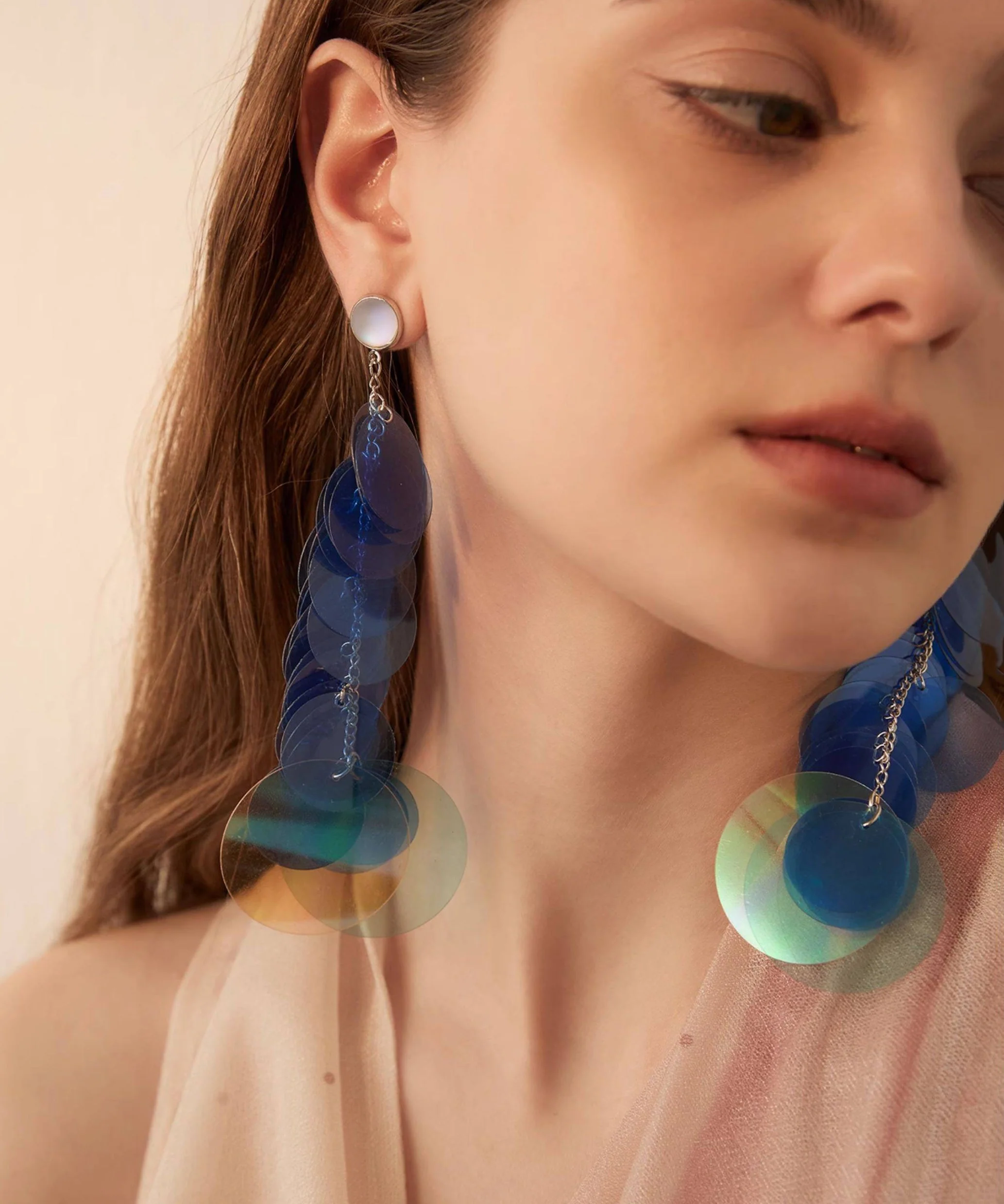 Blue Gradient Color Sequins Original Design Alloy Long Stud Earrings - Image 4