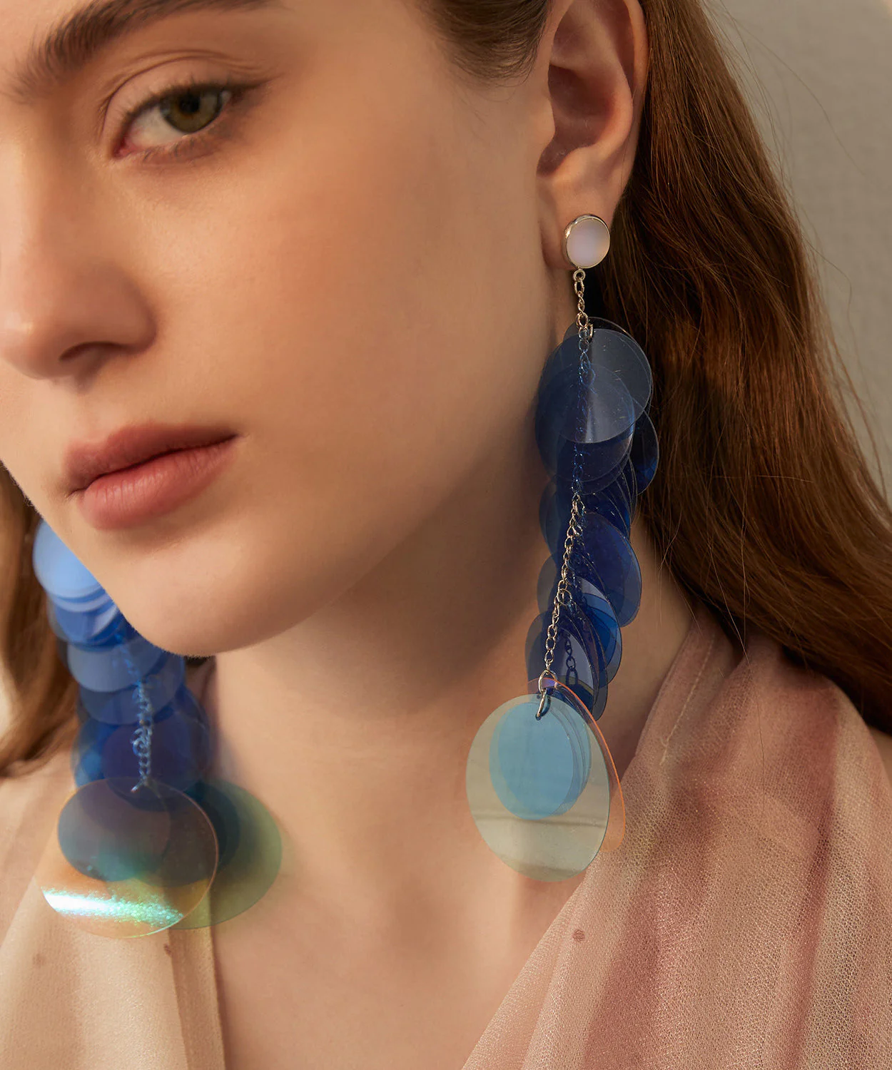 Blue Gradient Color Sequins Original Design Alloy Long Stud Earrings - Image 5