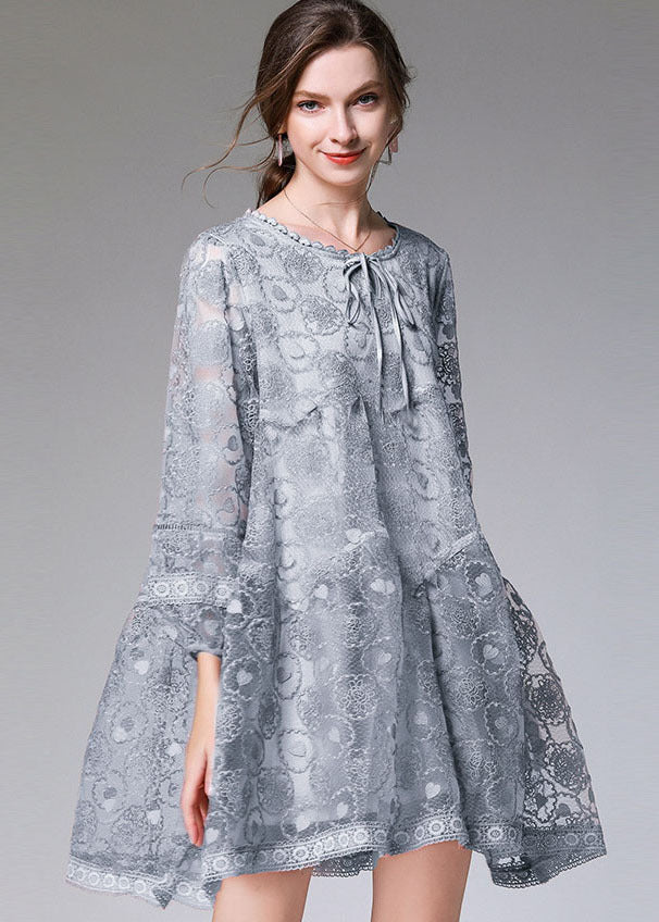 Blue Grey Hollow Out Lace Maxi Dress O-Neck Embroideried Long Sleeve - Image 2