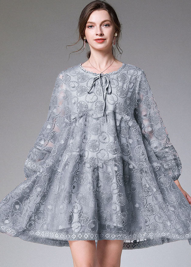 Blue Grey Hollow Out Lace Maxi Dress O-Neck Embroideried Long Sleeve - Image 3