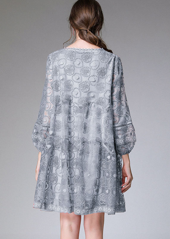 Blue Grey Hollow Out Lace Maxi Dress O-Neck Embroideried Long Sleeve - Image 4