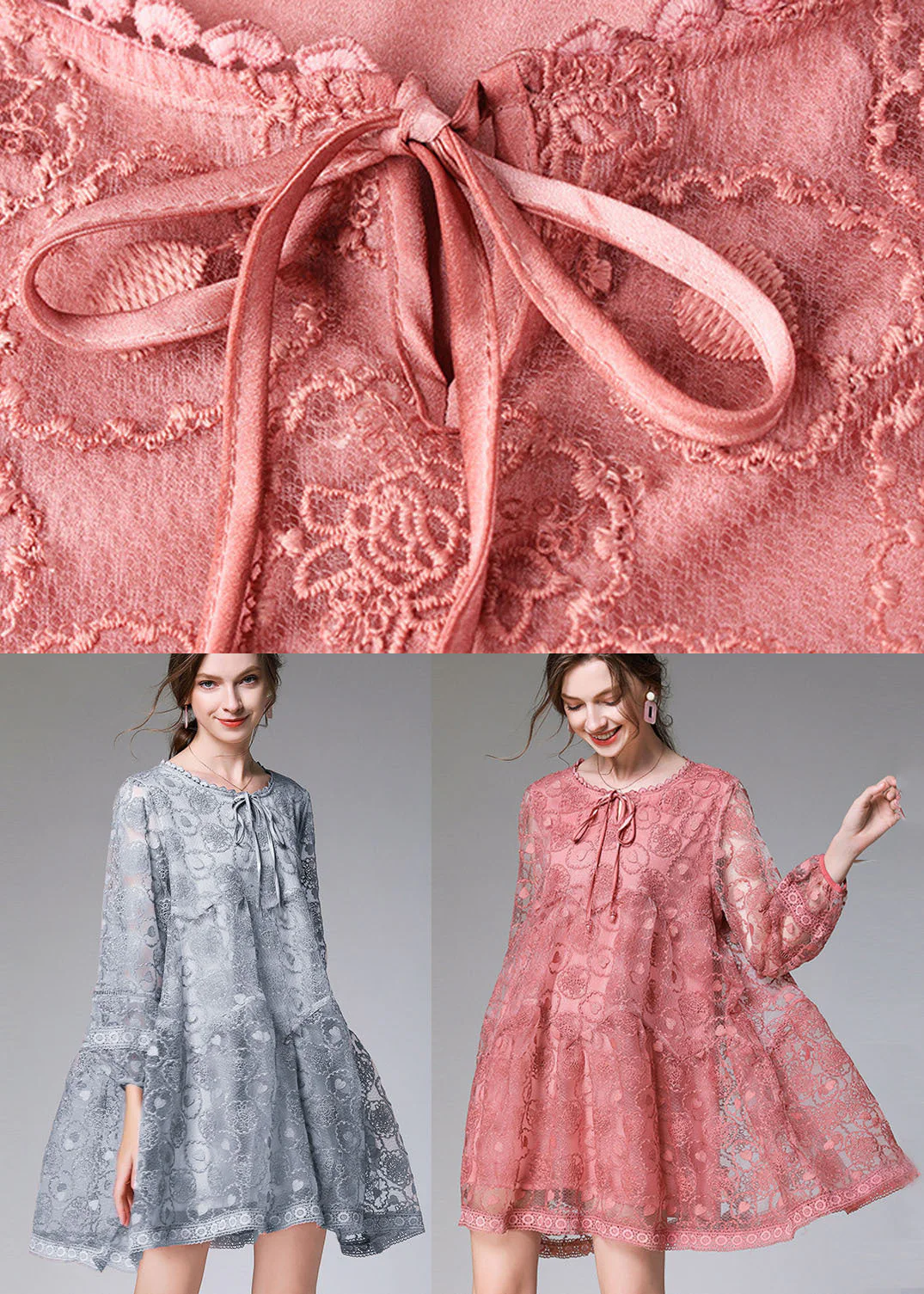 Blue Grey Hollow Out Lace Maxi Dress O-Neck Embroideried Long Sleeve - Image 5