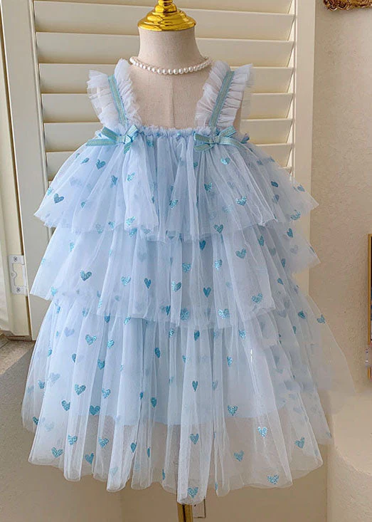 Blue Heart Patchwork Tulle Baby Girls Dresses Bow Wrinkled Sleeveless - Image 2