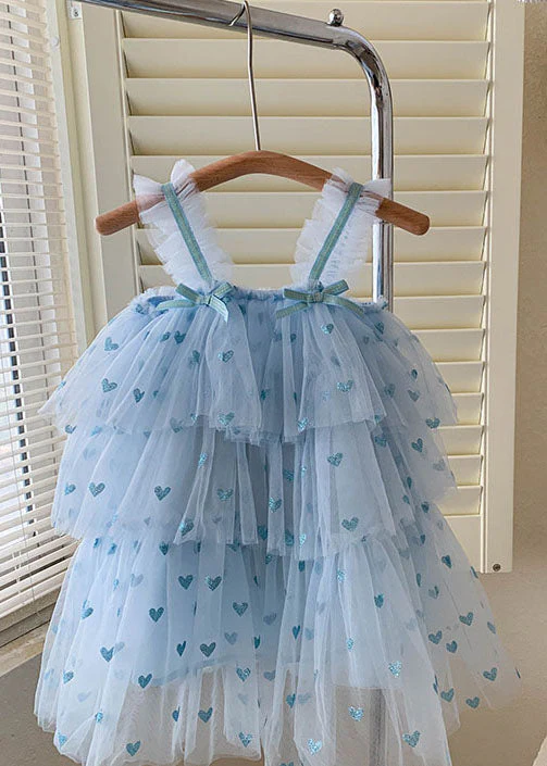 Blue Heart Patchwork Tulle Baby Girls Dresses Bow Wrinkled Sleeveless - Image 3