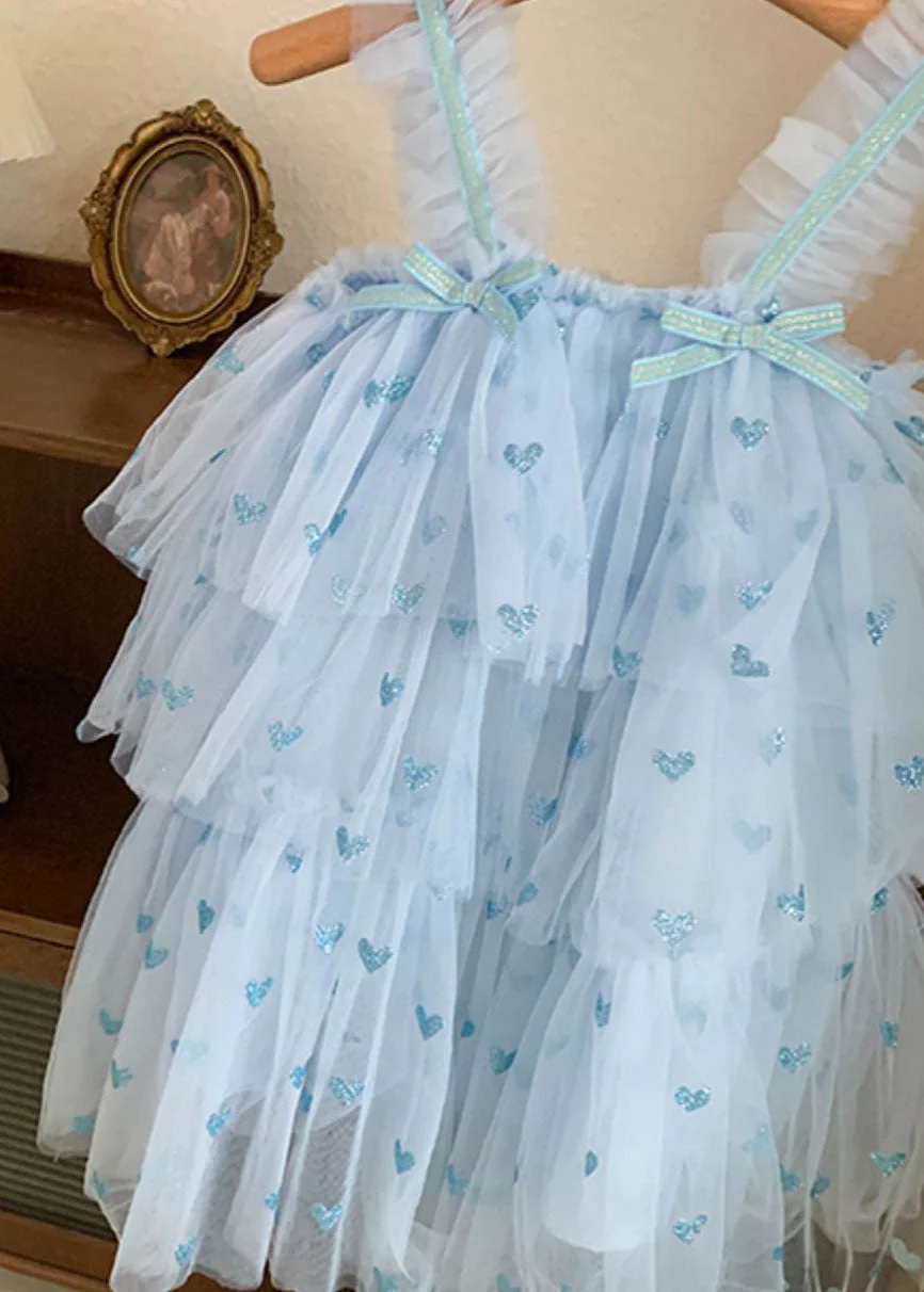 Blue Heart Patchwork Tulle Baby Girls Dresses Bow Wrinkled Sleeveless - Image 4