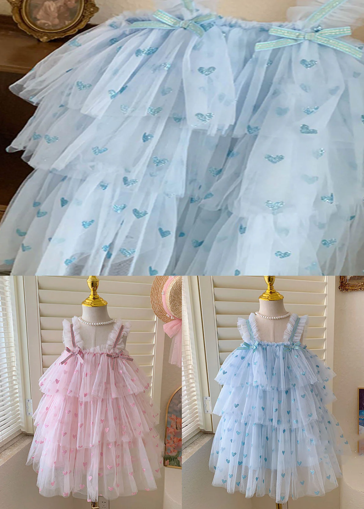 Blue Heart Patchwork Tulle Baby Girls Dresses Bow Wrinkled Sleeveless - Image 5