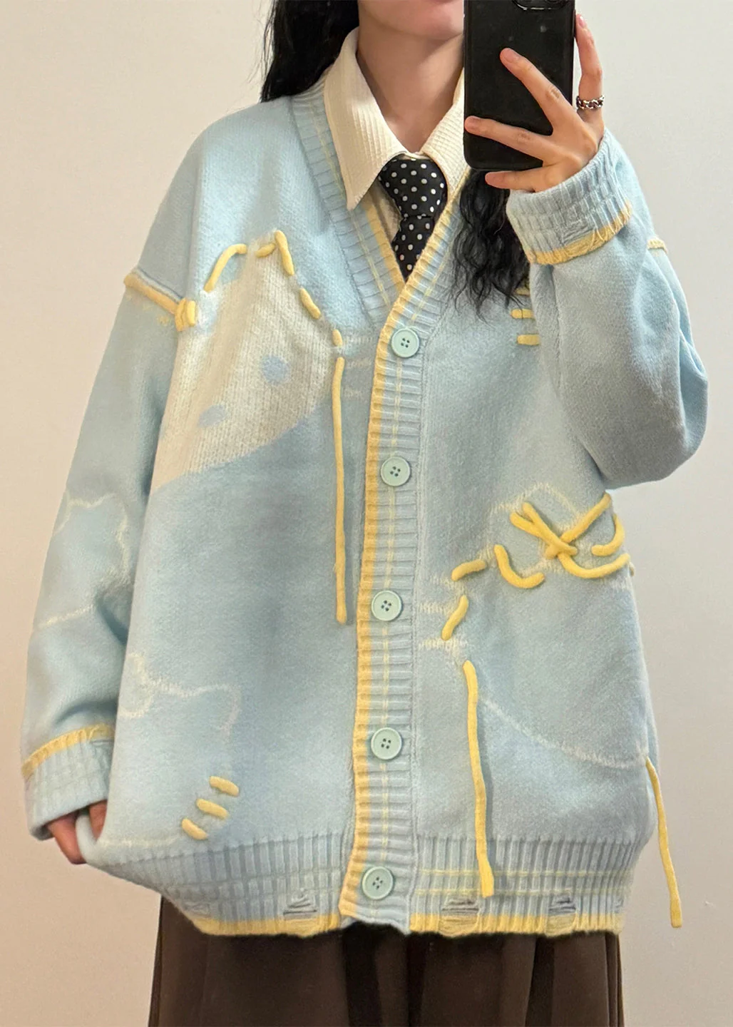 Blue Hole Cats Patchwork Knit Coats V Neck - Image 2