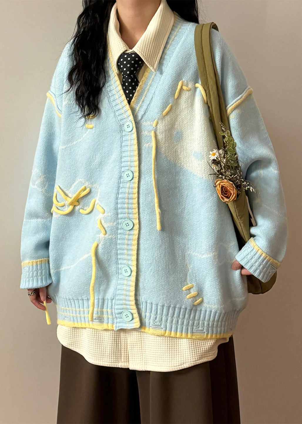 Blue Hole Cats Patchwork Knit Coats V Neck - Image 3