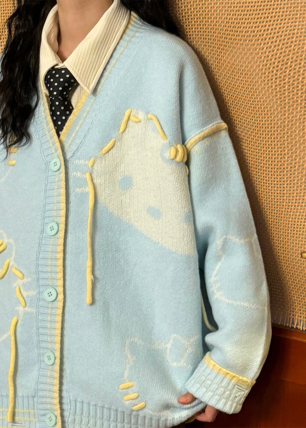 Blue Hole Cats Patchwork Knit Coats V Neck - Image 4