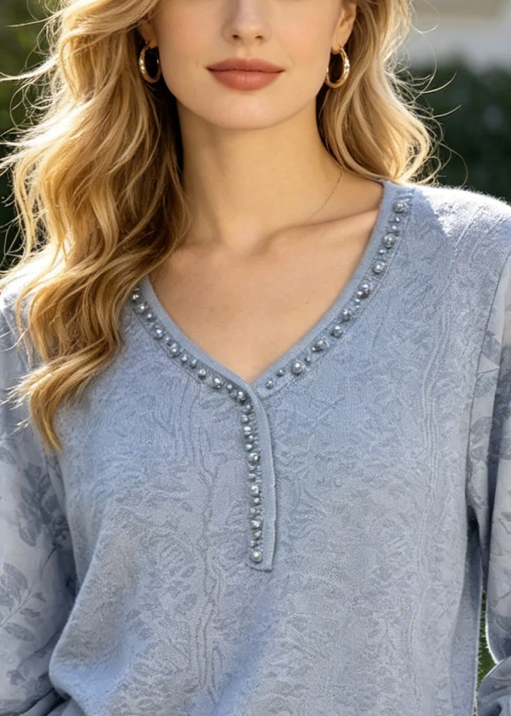 Blue Jacquard Cotton Blouses Handmade Pearl Summer - Image 2