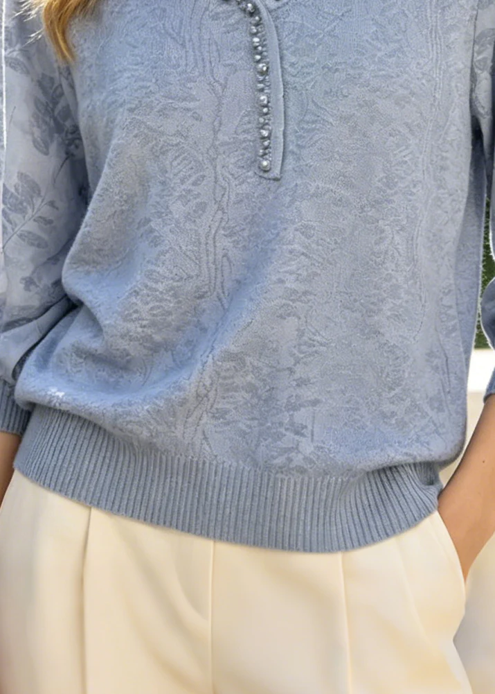 Blue Jacquard Cotton Blouses Handmade Pearl Summer - Image 4