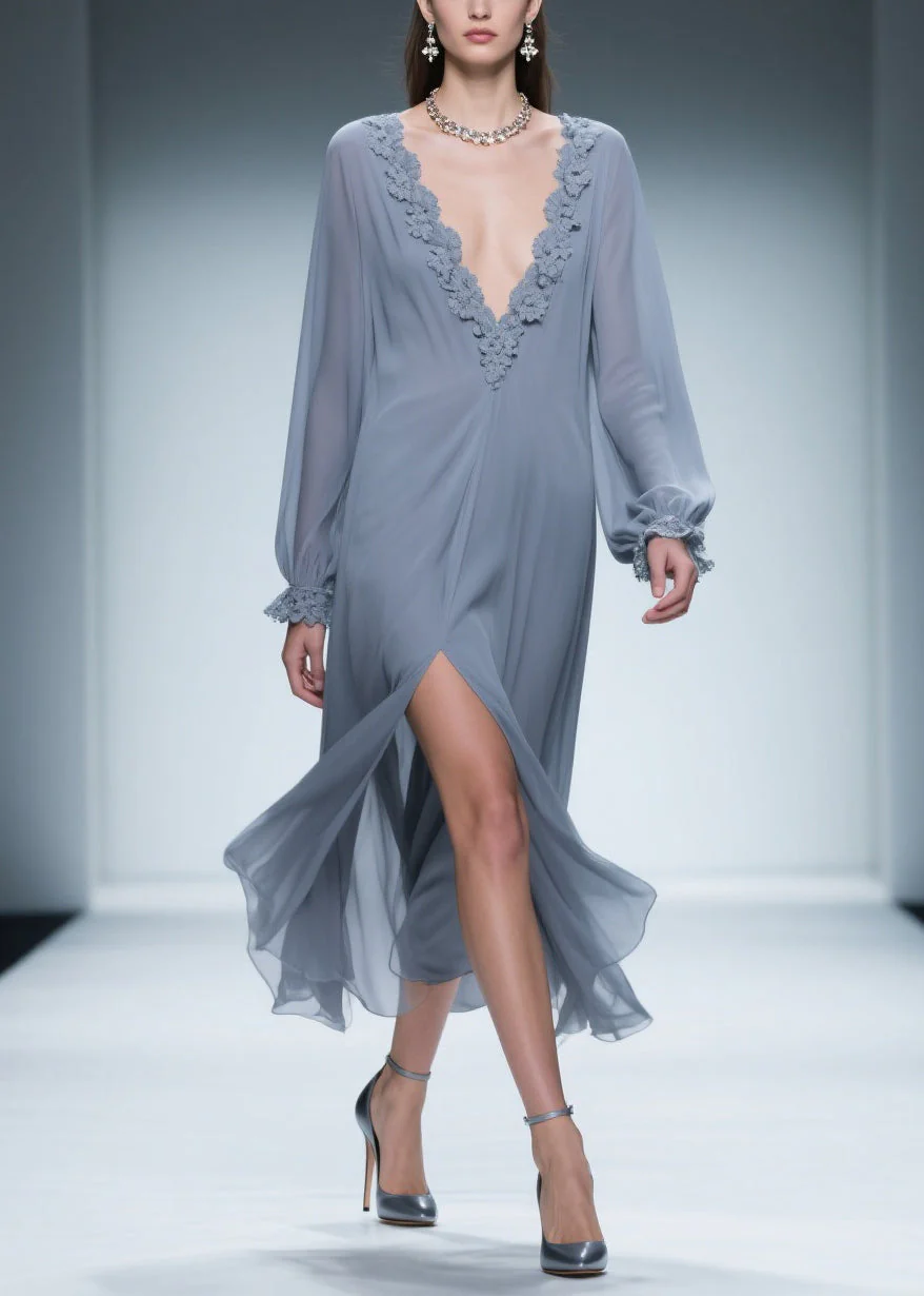 Blue Lace Side Open Chiffon Dress V Neck Butterfly Sleeve - Image 3