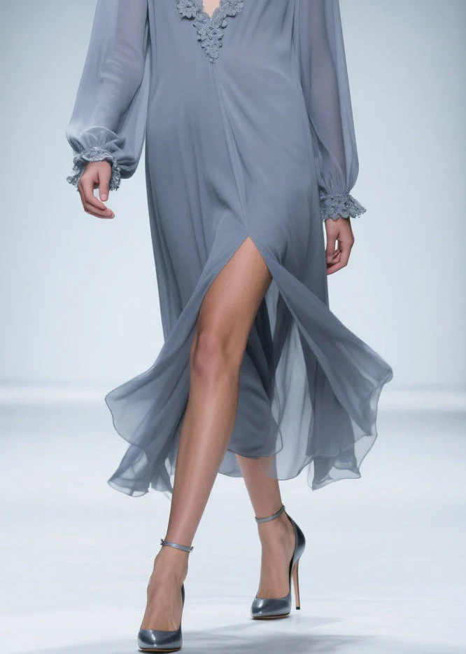 Blue Lace Side Open Chiffon Dress V Neck Butterfly Sleeve - Image 4