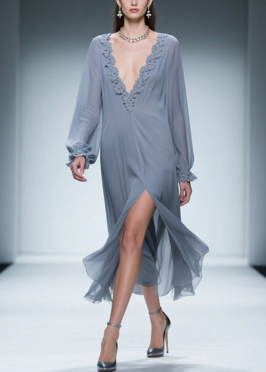 Blue Lace Side Open Chiffon Dress V Neck Butterfly Sleeve - Image 5