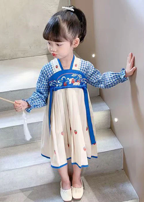 Blue Lace Up Patchwork Cotton Girls Dresses Wrinkled Fall - Image 3