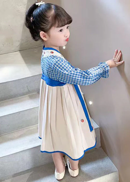 Blue Lace Up Patchwork Cotton Girls Dresses Wrinkled Fall - Image 5