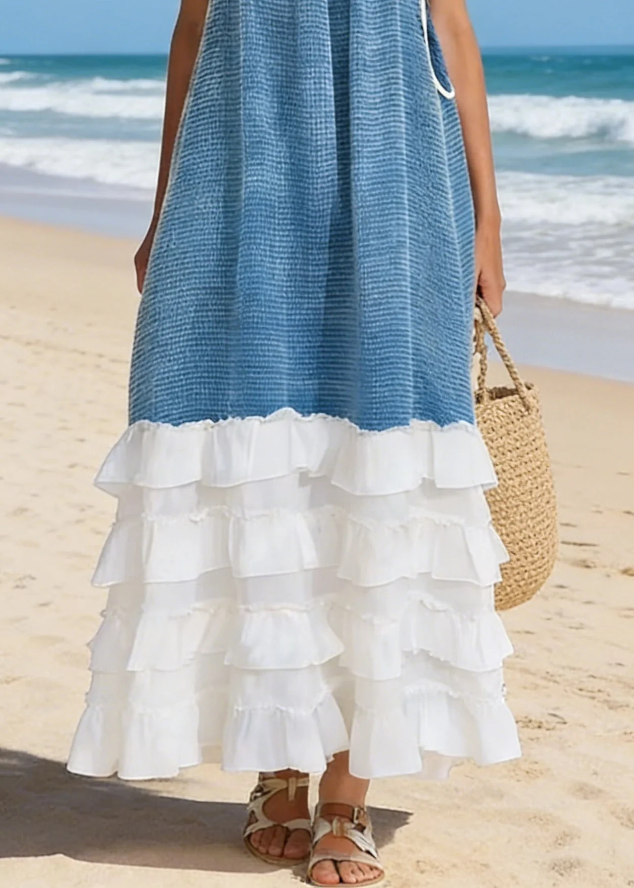 Blue Lace Up Ruffled Patchwork Cotton Spaghetti Strap Dress Sleeveless - Image 4