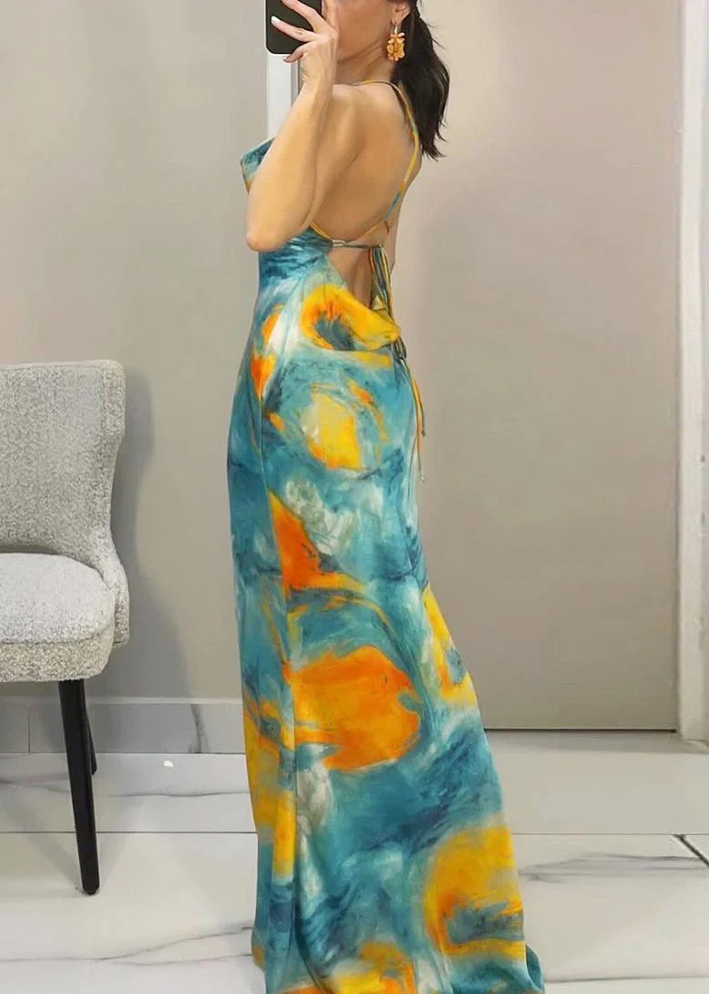 Blue Lace Up Spaghetti Strap Dress Backless Sleeveless - Image 3