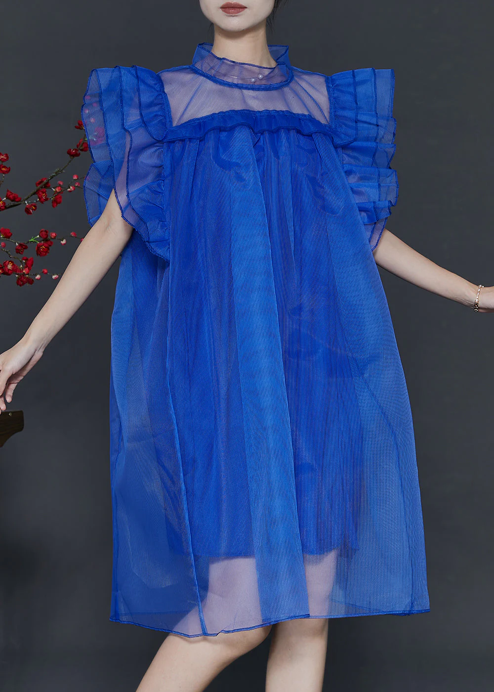 Blue Loose Tulle Tea Dress Stand Collar Butterfly Sleeve - Image 3