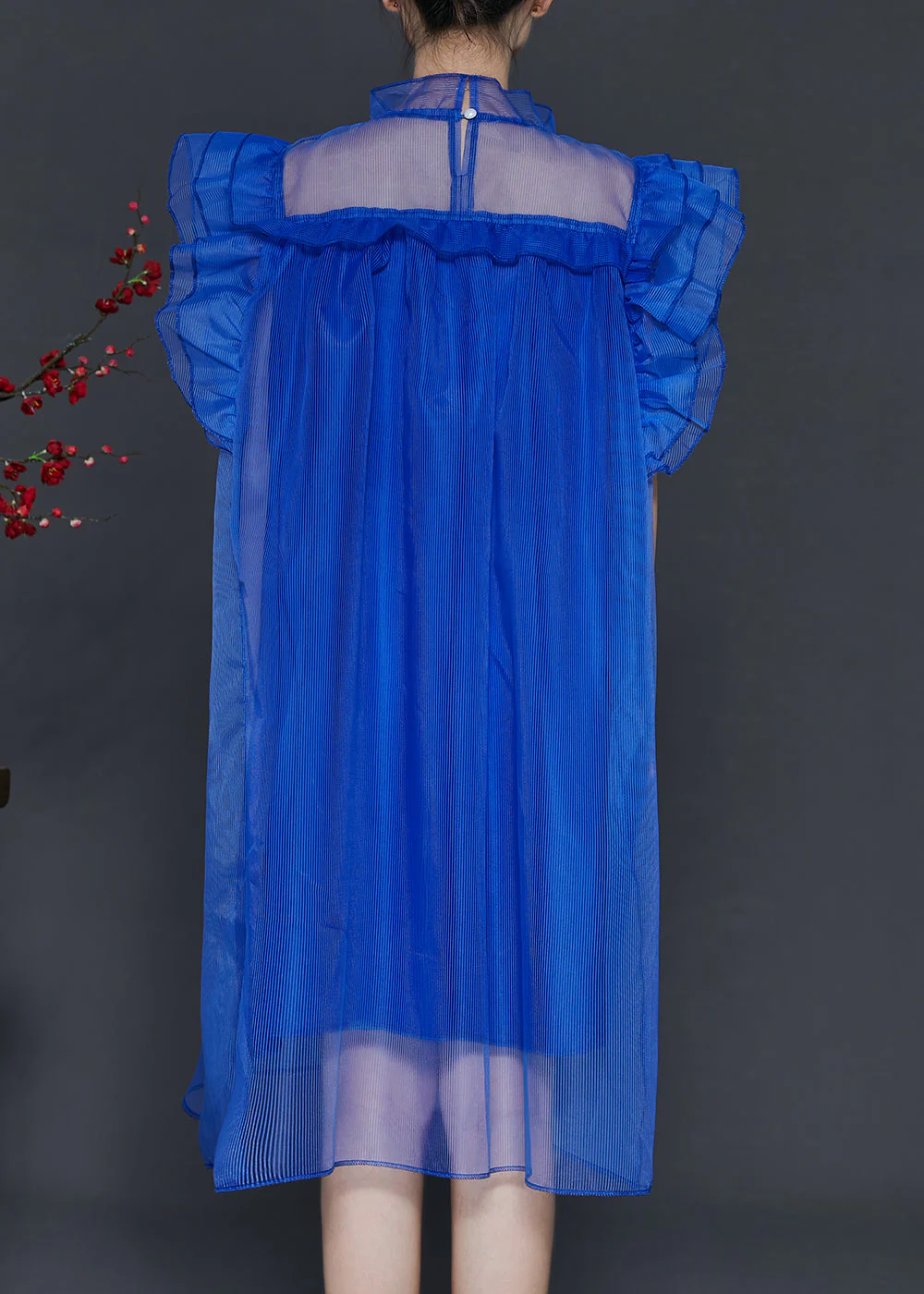 Blue Loose Tulle Tea Dress Stand Collar Butterfly Sleeve - Image 4