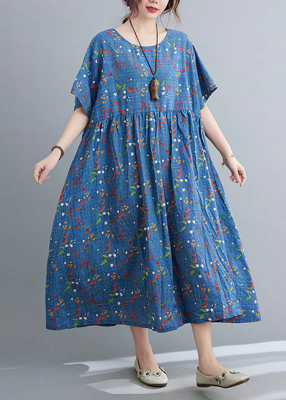 Blue O-Neck Patchwork Maxi Dress Short Sleeve