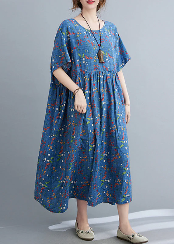 Blue O-Neck Patchwork Maxi Dress Short Sleeve - Image 2