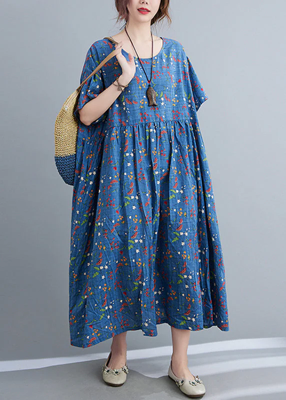 Blue O-Neck Patchwork Maxi Dress Short Sleeve - Image 3