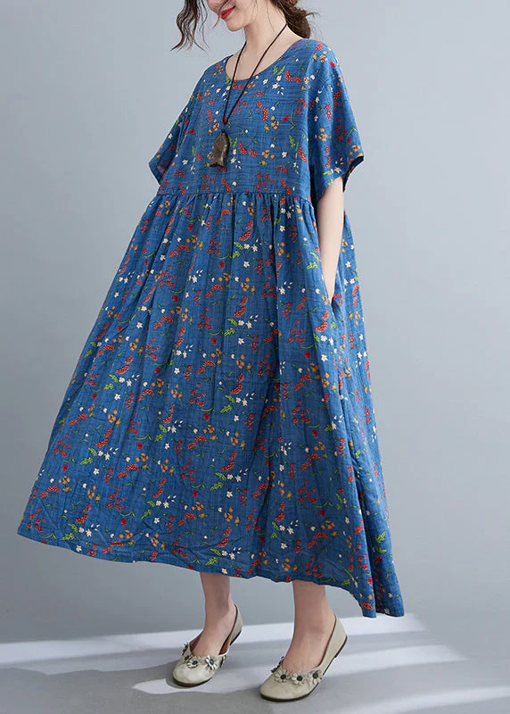 Blue O-Neck Patchwork Maxi Dress Short Sleeve - Image 4