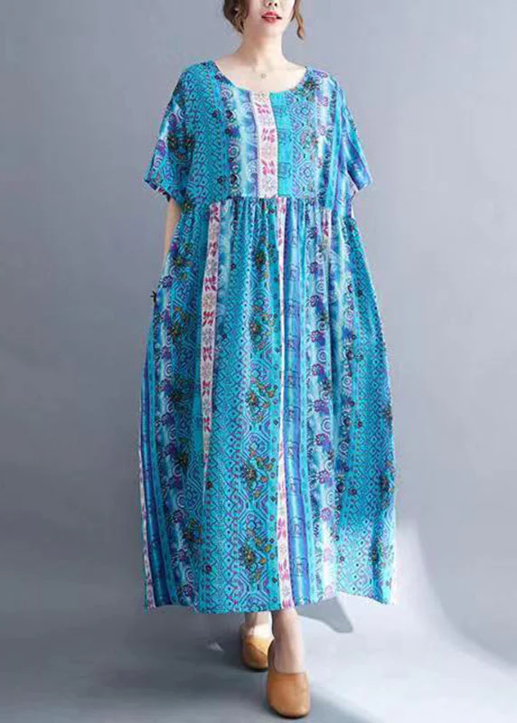 Blue O-Neck Patchwork Maxi Dresses Summer - Image 4