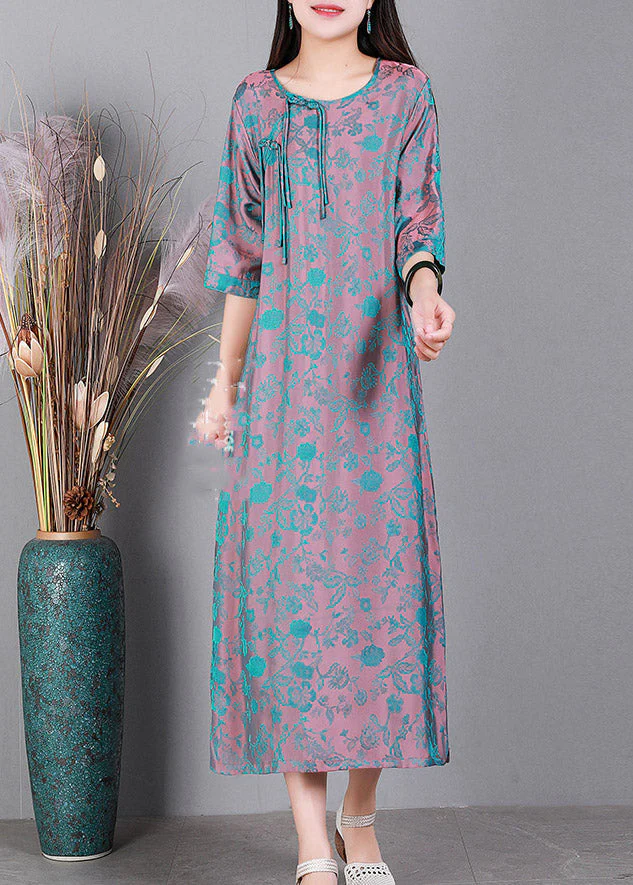 Blue O-Neck Print Side Open Silk Dress Half Sleeve - Image 2