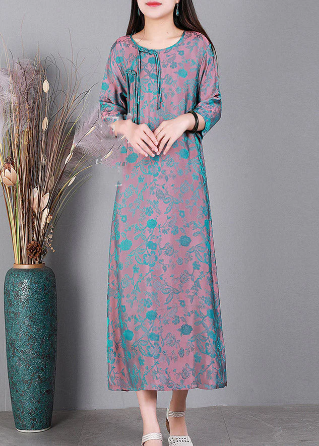 Blue O-Neck Print Side Open Silk Dress Half Sleeve - Image 4