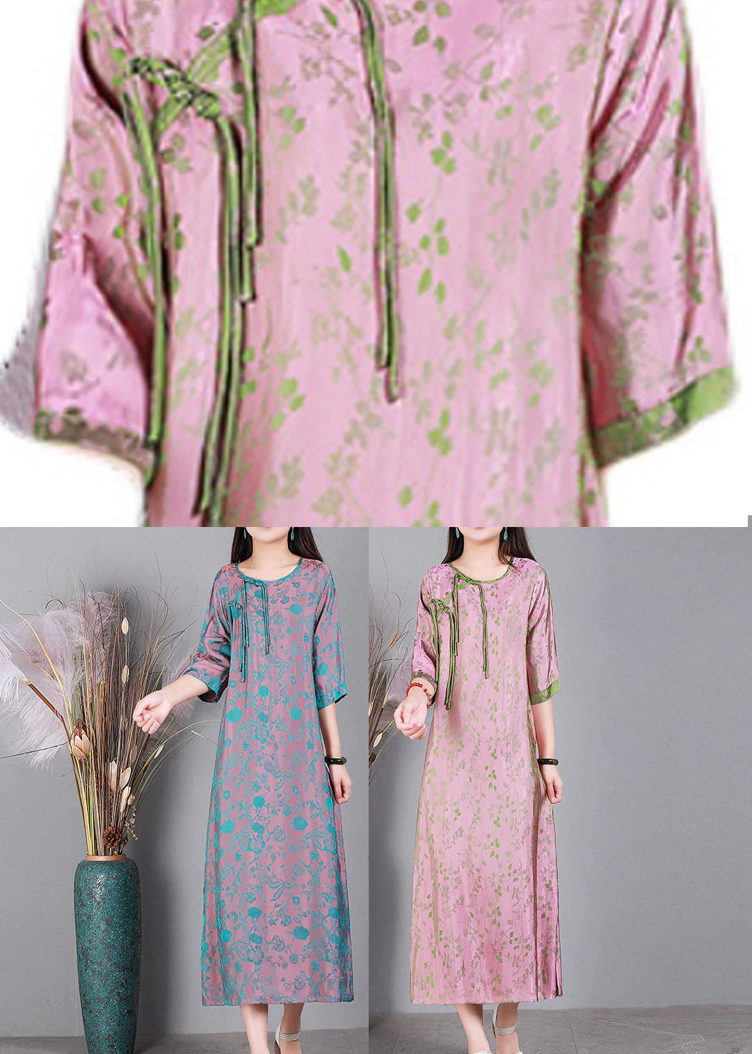 Blue O-Neck Print Side Open Silk Dress Half Sleeve - Image 5