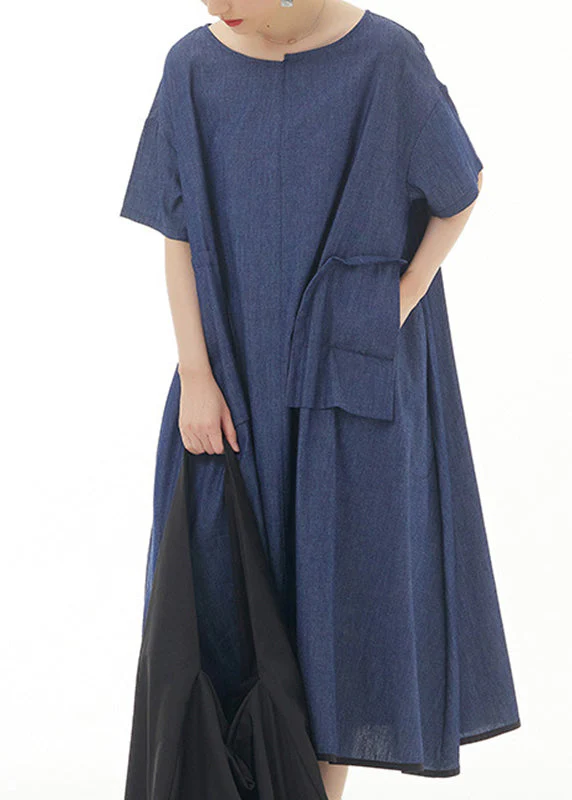 Blue O-Neck Solid Cotton Maxi Dress Short Sleeve - Image 3