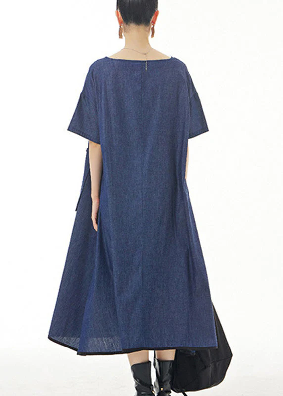 Blue O-Neck Solid Cotton Maxi Dress Short Sleeve - Image 4