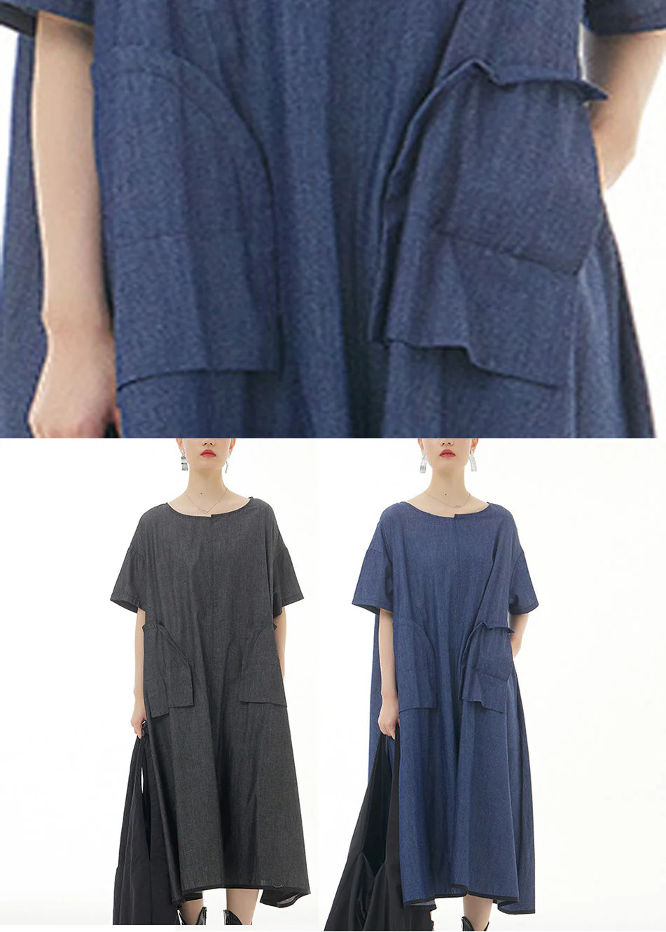 Blue O-Neck Solid Cotton Maxi Dress Short Sleeve - Image 5