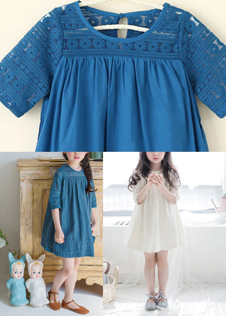 Blue O-Neck Wrinkled Cotton Girls Mid Dresses Half Sleeve - Image 5