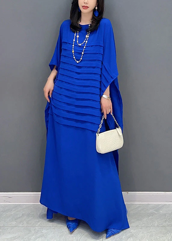 Blue O-Neck Wrinkled Solid Loose Dress Summer - Image 2