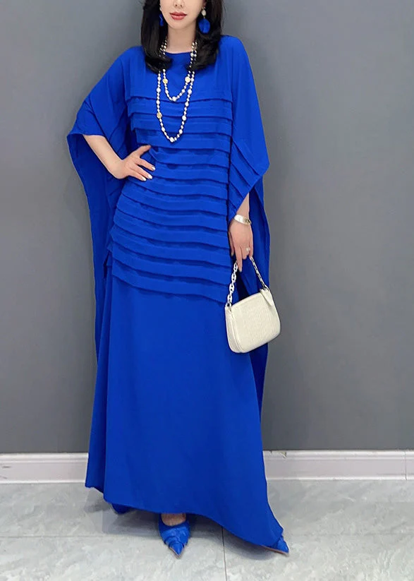 Blue O-Neck Wrinkled Solid Loose Dress Summer - Image 3