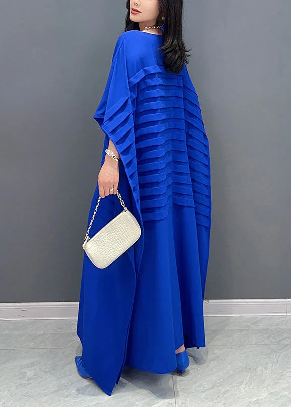 Blue O-Neck Wrinkled Solid Loose Dress Summer - Image 4