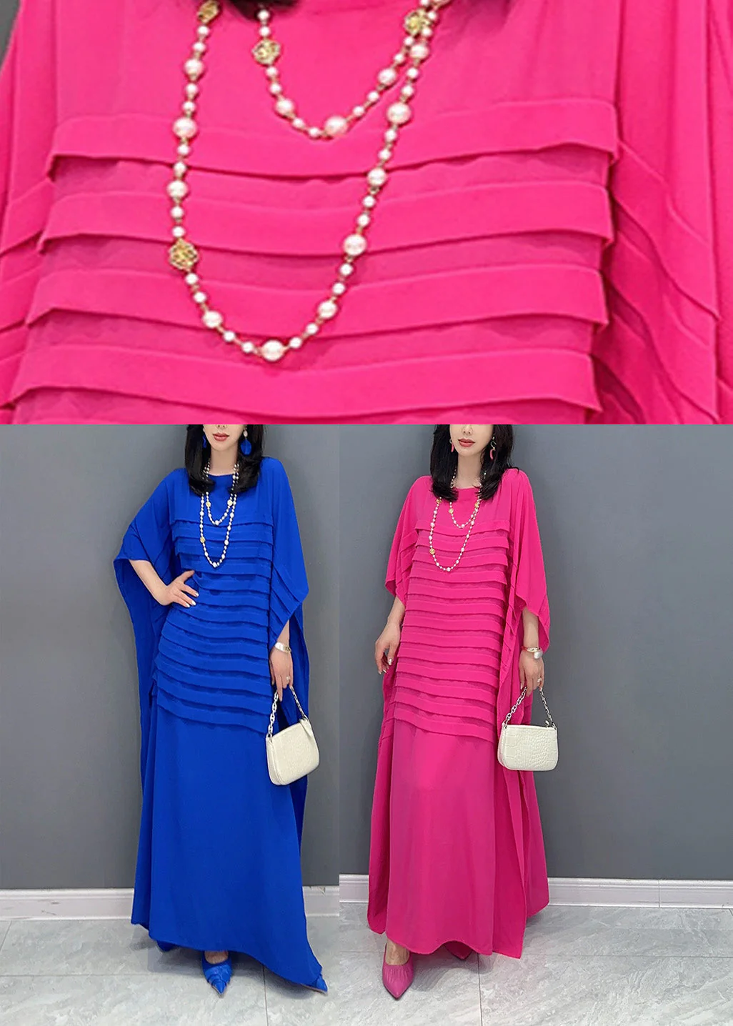 Blue O-Neck Wrinkled Solid Loose Dress Summer - Image 5